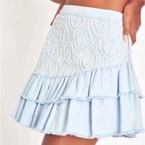 LoveShackFancy light blue denim  Embellished A-Line Mini Skirt
